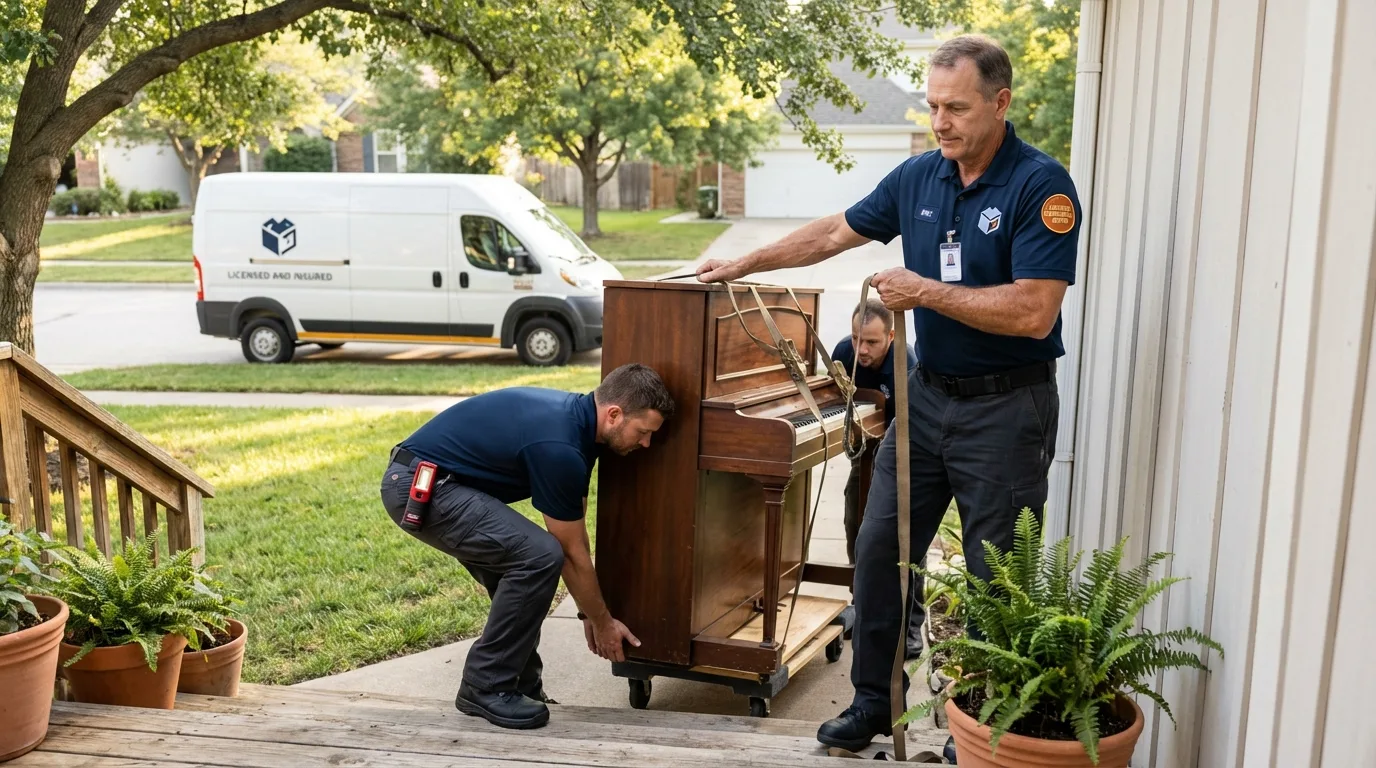 Licensed piano movers securing grand piano in Savoy, IL