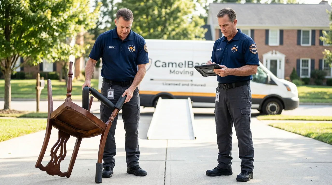 Movers inspecting furniture for damage prevention before loading in Savoy, IL
