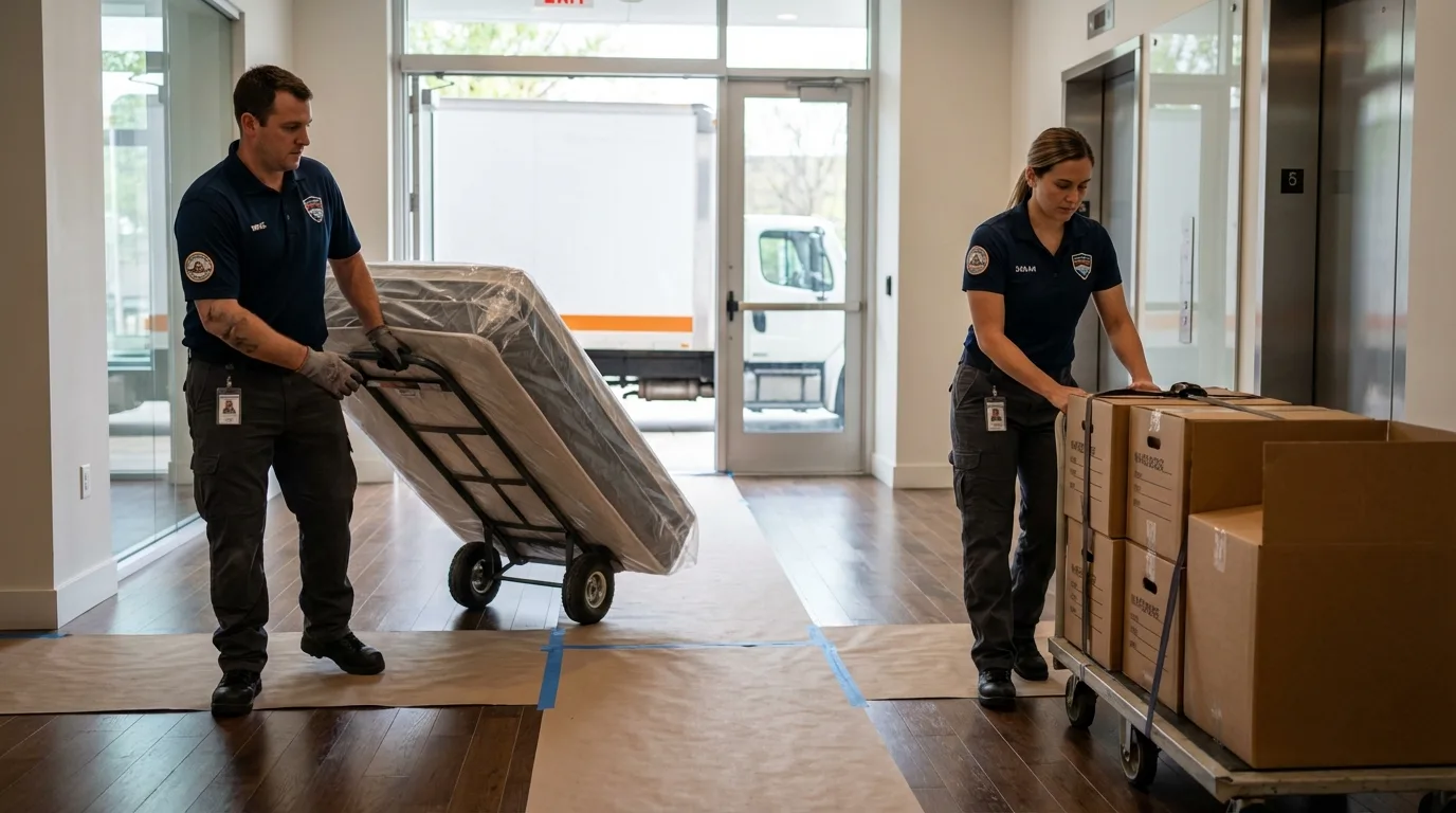 Professional apartment movers loading elevator in Savoy, IL