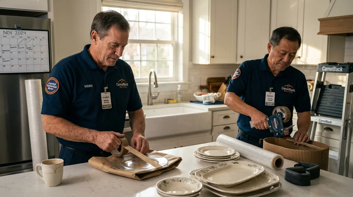 Professional crew packing kitchen dishware in Savoy, IL